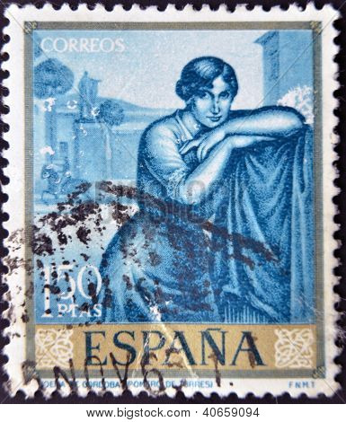 สเปน - เซอร์กา 1964: แสตมป์พิมพ์ในสเปนแสดงภาพวาด Julio Romero de Torres เซอร์กา 1964