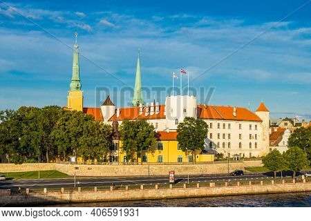Cityscape To Riga Castle Is Located On The Banks Of River Daugava, Old Town. Rigas Pils Official Res
