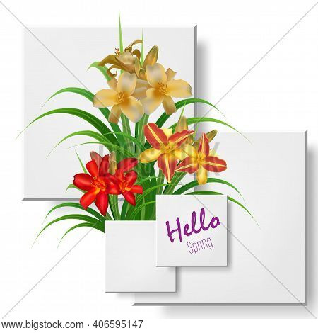 Daylily Bushes With Yellow, Red And Orange Delicate Flowers And Green Fan Leaves, Vector Illustratio