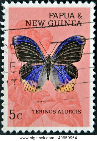 PAPUA NY GUINEA - CIRCA 1995: Et frimærke, trykt i Papua New Guinea viser terinos alurgis sommerfugl