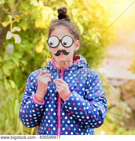 Funny Little Girl With Fake Moustache And Glasses Paper Mask. Kids Birthday, Halloween Father Day, P
