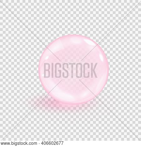 Pink Collagen Bubble Isolated On Transparent Background. Realistic Water Serum Droplet. Vector Illus