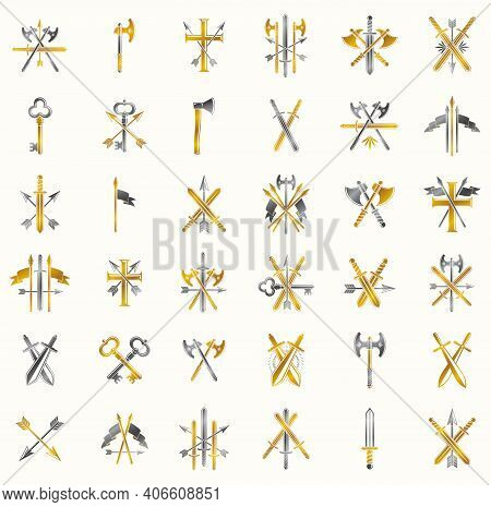 Weapon Emblems Vector Emblems Big Set, Heraldic Design Elements Collection, Classic Style Heraldry A