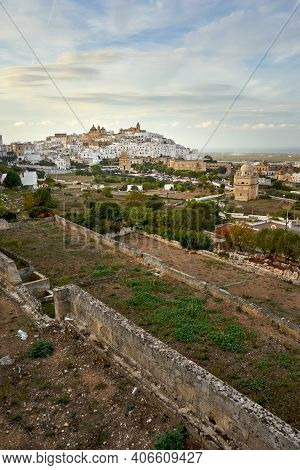 Vertical View Of Ostuni White Town Skyline And Madonna Della Grata Church Brindisi Apulia Southern I