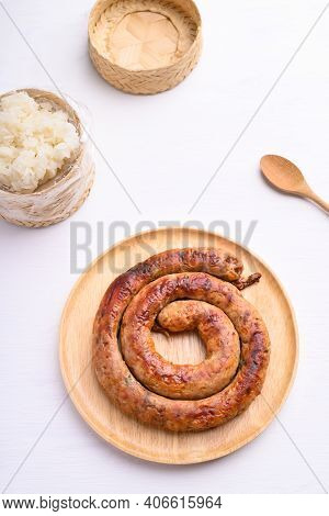 Northern Thai Sausage (sai Aua), Grilled Intestine Stuffed With Minced Pork, Spices And Herbs Eating