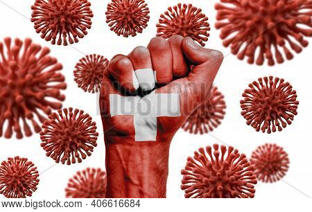 Switzerland Flag Fist Fighting Off Coronavius Disease