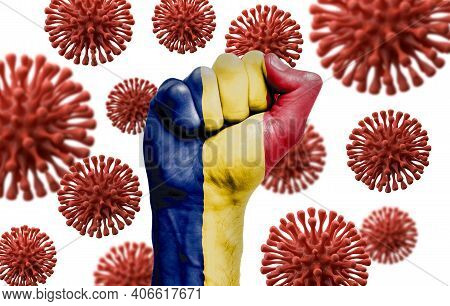 Romania Flag Fist Fighting Off Coronavius Disease