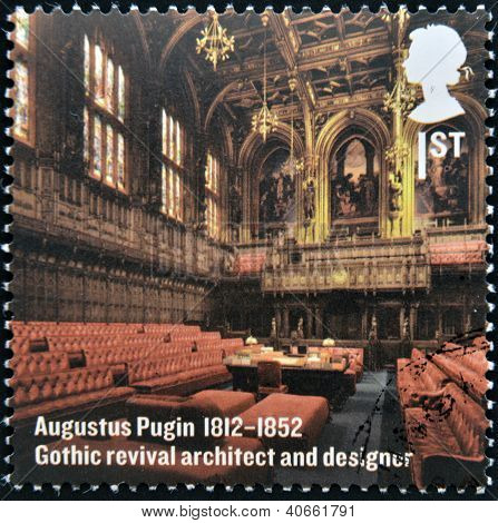 A bélyegző nyomtatott Nagy-Britanniában azt mutatja, a House of Lords Augustus Pugin belső