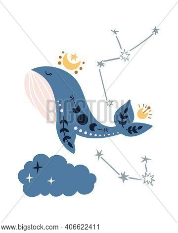 Celestial Nursery Poster With Cute Space Whale And Moon, Boho Wall Art For Kids Room, Pre-made Poste