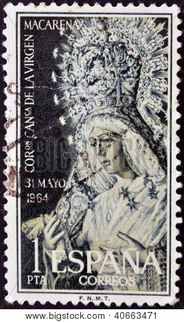SPAIN - CIRCA 1964: A stamp printed in Spain shows Coronation of the Virgin Macarena Seville circa 1