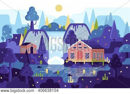 Vector Cartoon Panorama Illustration In Flat Cartoon Stile - Village House On Stilts Next To A Water