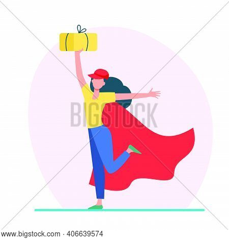 Cheerful Female Courier In Superhero Cape. Woman In Baseball Cap Holding Parcel Flat Vector Illustra