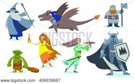 Computer Game Cartoon Characters Set. Giant, Viking Warrior With Shield, Orc, Magician, Elf, Gnome, 