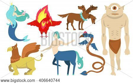 Mythical Creatures Characters Set. Flying Lion, Cyclops, Griffin, Centaur, Mermaid, Cerberus. For Gr