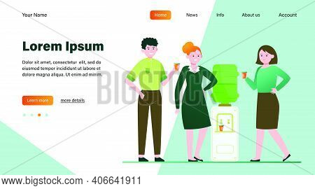 Positive People Drinking Water At Cooler. Office Colleagues, Chatting, Break Flat Vector Illustratio