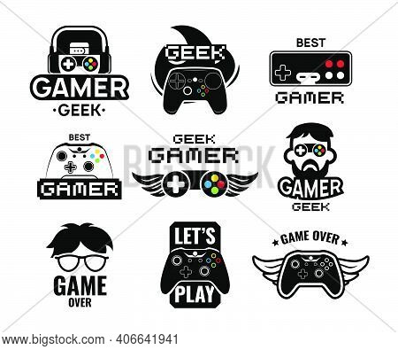 Video Game Logo Set. Emblems With Gamer, Vintage And Modern Joystick Console Controller, Headset. Is
