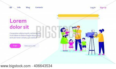 Camerawoman Filming Big Family Scene In Studio. Parents And Children Posing For Camera Flat Vector I
