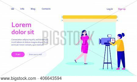 Camerawoman Working With Model In Studio. Filming Video, Blue Backdrop Flat Vector Illustration. Vid