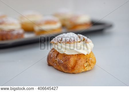 Traditional Home Made Swedish Semlor Pastry On A Table