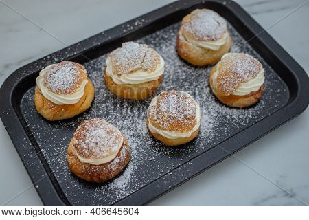 Traditional Home Made Swedish Semlor Pastry On A Table