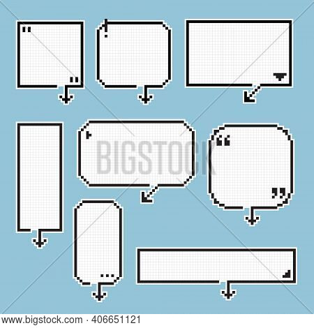 Collection Set Of Retro Game 8 Bit Line Pixel Speech Bubble Balloon Black And White Color With Arrow
