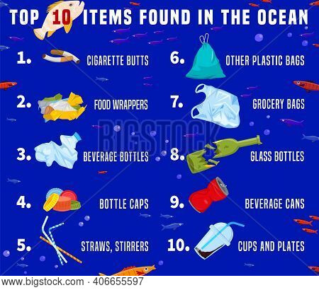 Top Debris Items Found In The Ocean Infographics. Different Waste Polluting The Sea And Beach. Horiz