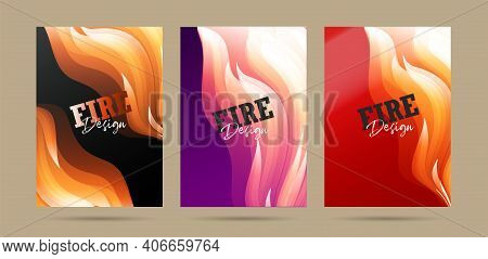 Set Of Posters With Fire Abstract Graphic Forms, Fire Protection Promo Or Hot Party Invitation