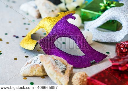 Purim, Purim Celebration Concept (jewish Carnival Holiday) On White Background, Top View, Copy Space