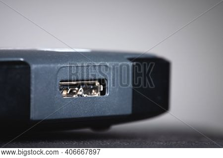 Gray External Hard Drive With Usb 3.0 Micro-b Port. Close-up Of The Port