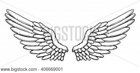 Vintage Heraldic Wings Sketch. Monochrome Hand Drawn Contoured Stiker Wing In Open Position