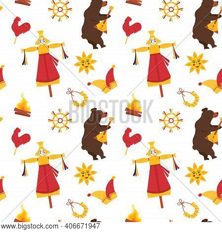 Seamless Pattern For Maslenitsa Pancake Festival. A Bear Playing On Balalaika. Scarecrow With Straw 