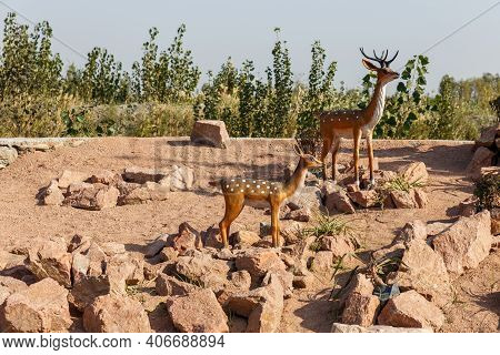 Katta Turk, Uzbekistan - October 18, 2019: Sika Deer Statue On The Side Of The Road In Dangara Distr
