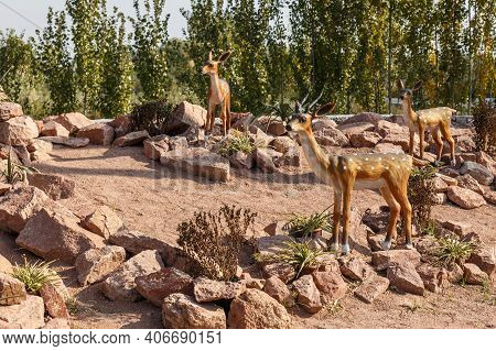 Katta Turk, Uzbekistan - October 18, 2019: Sika Deer Statues On The Side Of The Road In Dangara Dist