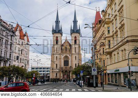 Pedestrian Crossing Opposite Church Of St. Anthony Of Padua In Holesovice Built, Kostel Sv. Antonina