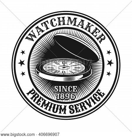Watchmaker Stamp Design. Monochrome Element With Vintage Open Watch Vector Illustration With Text. W