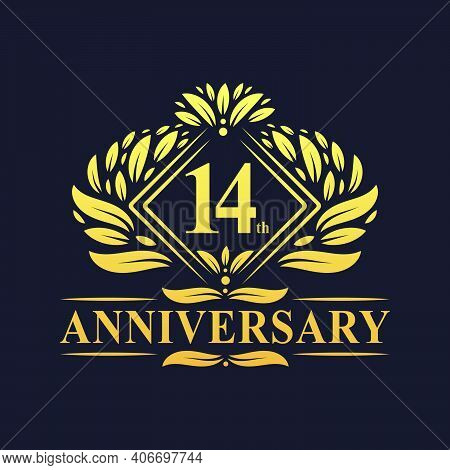 14 Years Anniversary Logo, Luxury Floral Golden 14th Anniversary Logo.