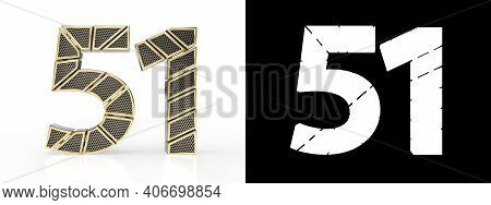 Gold Number Fifty-one (number 51) Cut Into Perforated Gold Segments With Alpha Channel And Shadow On