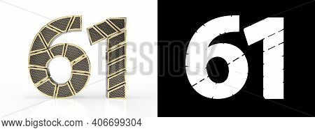 Gold Number Sixty-one (number 61) Cut Into Perforated Gold Segments With Alpha Channel And Shadow On