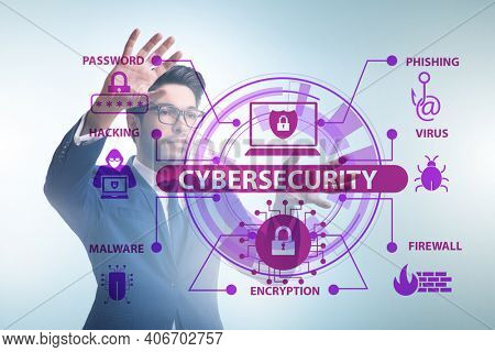 Cybersecurity concept with businessman pressing button