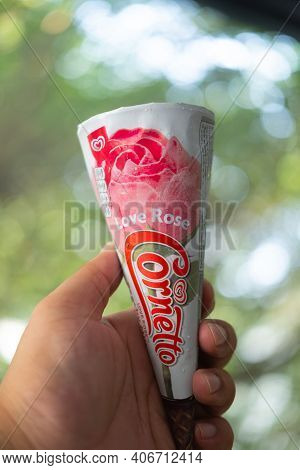 Samut Prakan, Thailand - February 2, 2021 : Ice Cream Of Unilever Heartbrand New Ice Cream Cornetto 