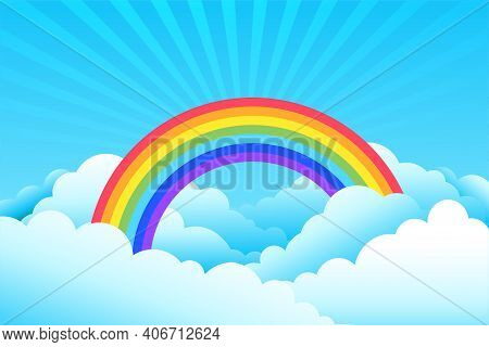 Rainbow Covered In Clouds And Sky Background