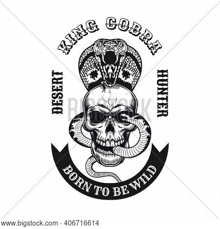 Trendy Venomous King Cobra In Skull Emblem. Monochrome Design Elements With Human Skull, Snake And T