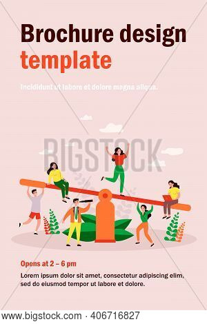 Business Team Competition. Groups Of People Balancing On Seesaw, Weighing Down Scale. Vector Illustr