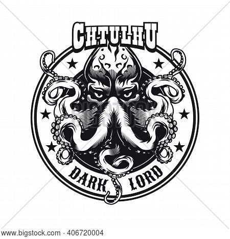 Monochrome Emblem With Cthulhu Head Vector Illustration. Vintage Sign Or Sticker With Engraving Octo
