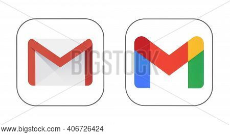 Kiev, Ukraine - January 12, 2021: Google Mail Service - Gmail Old And New Icons Printed On White Pap