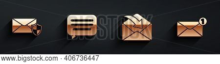 Set Envelope With Shield, Speech Bubble Chat, Envelope And Envelope Icon With Long Shadow. Vector