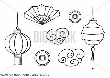 Set Of Hand-drawn Elements Of Chinese Culture. Contour Image Of Chinese Lanterns, Curly Clouds, Fan,