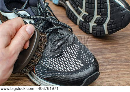 Washing The Dirty Sneakers. Cleaning Running Shoe Outsoles.