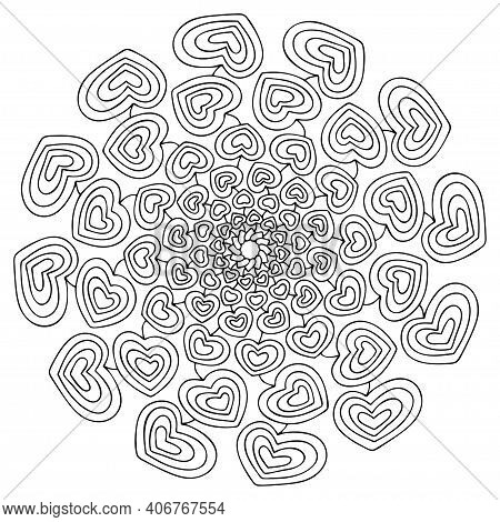 Happy Valentine Day Hearts Mandala Stock Vector Illustration. Monochrome Heart Mandala Elegance Colo