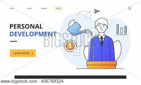 Abstract Concept Of Self-development With A Young Entrepreneur Sitting In A Flower Pot And Watering 